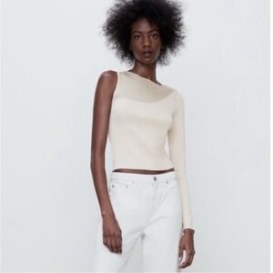 Zara Ivory Illusion Sheer Neck One Shoulder Asymmetric Knit Top size small